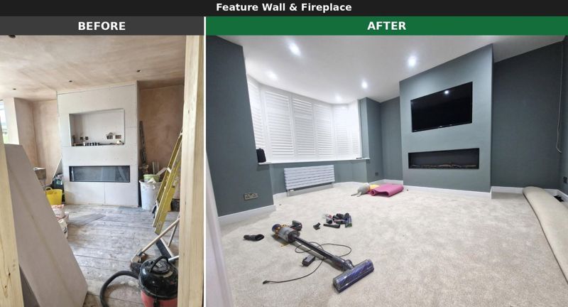Before and after: living room stripped back, then finished in dark green